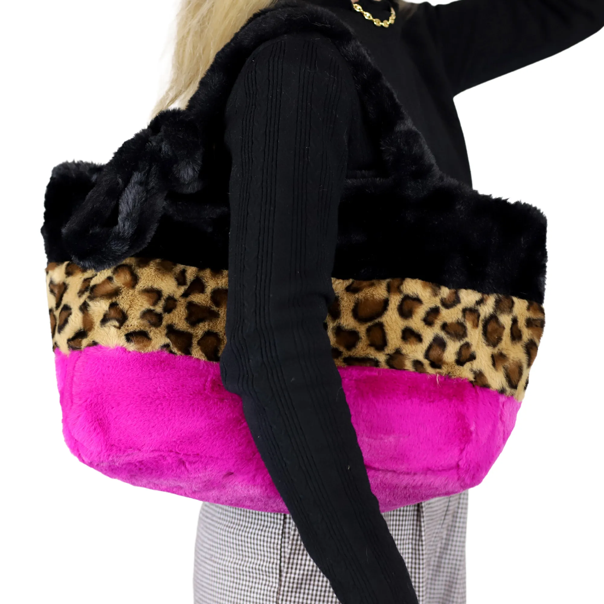 Three-Tone Faux Fur Tote - Exquisite Black, Vibrant Fuchsia, and Wild Leopard