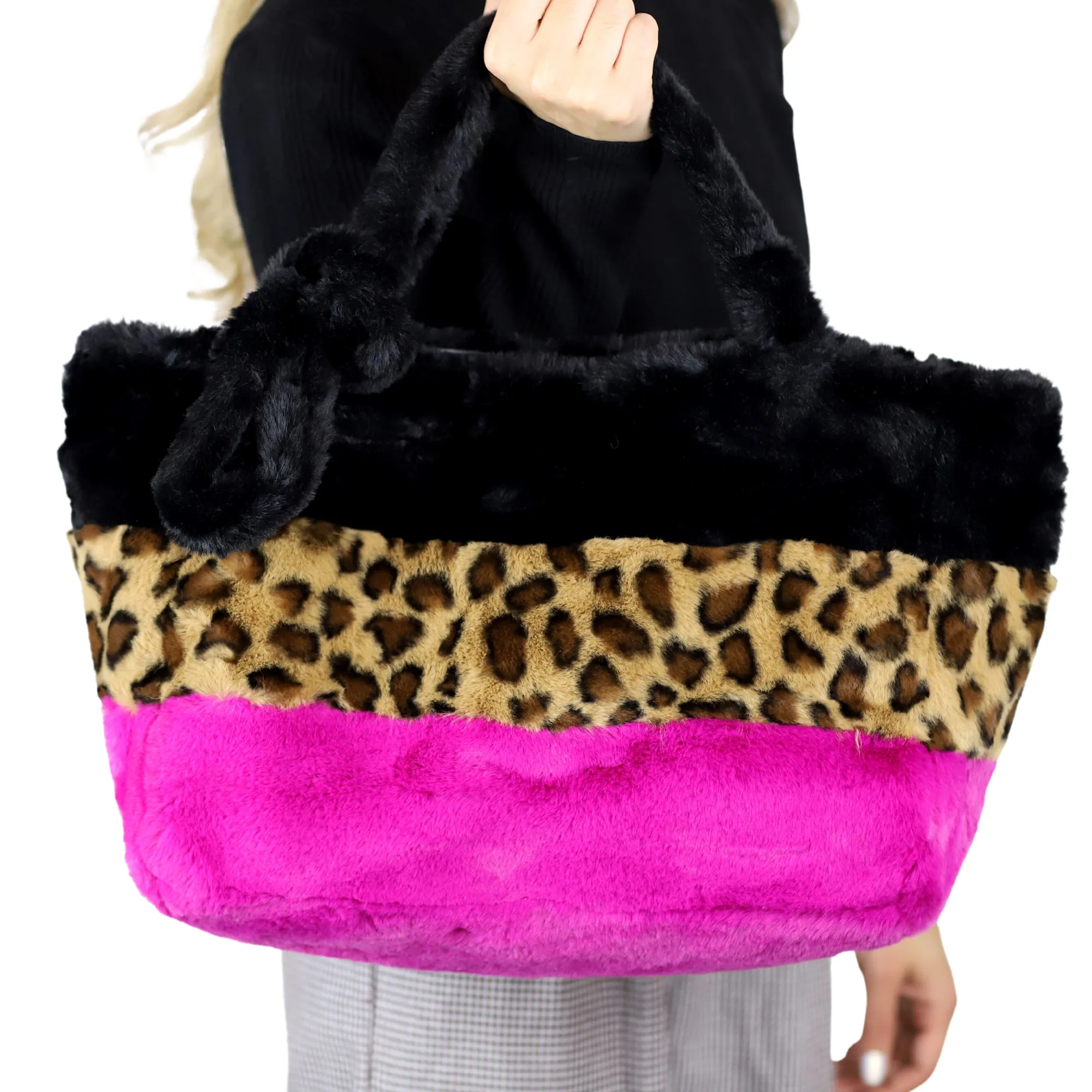 Three-Tone Faux Fur Tote - Exquisite Black, Vibrant Fuchsia, and Wild Leopard
