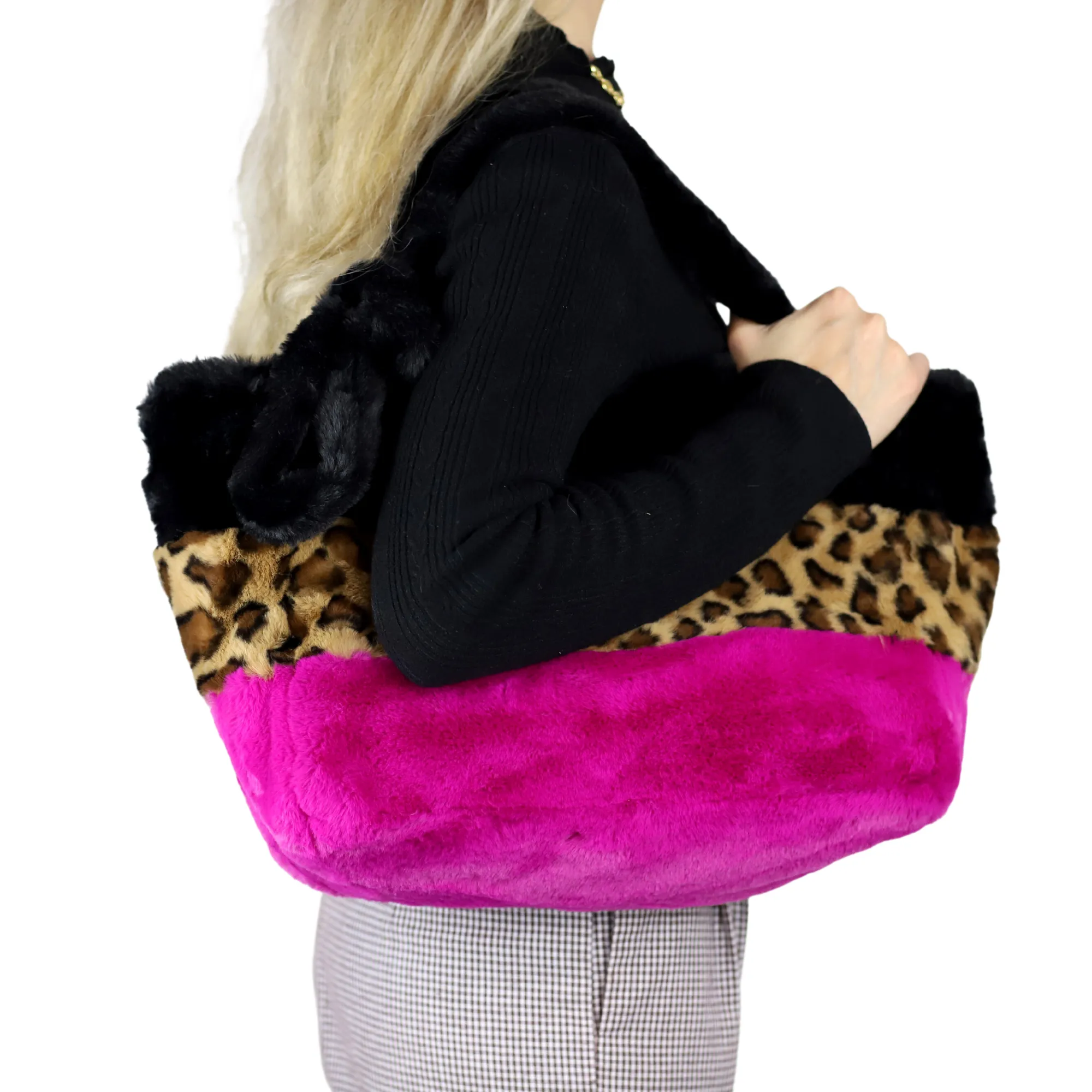 Three-Tone Faux Fur Tote - Exquisite Black, Vibrant Fuchsia, and Wild Leopard