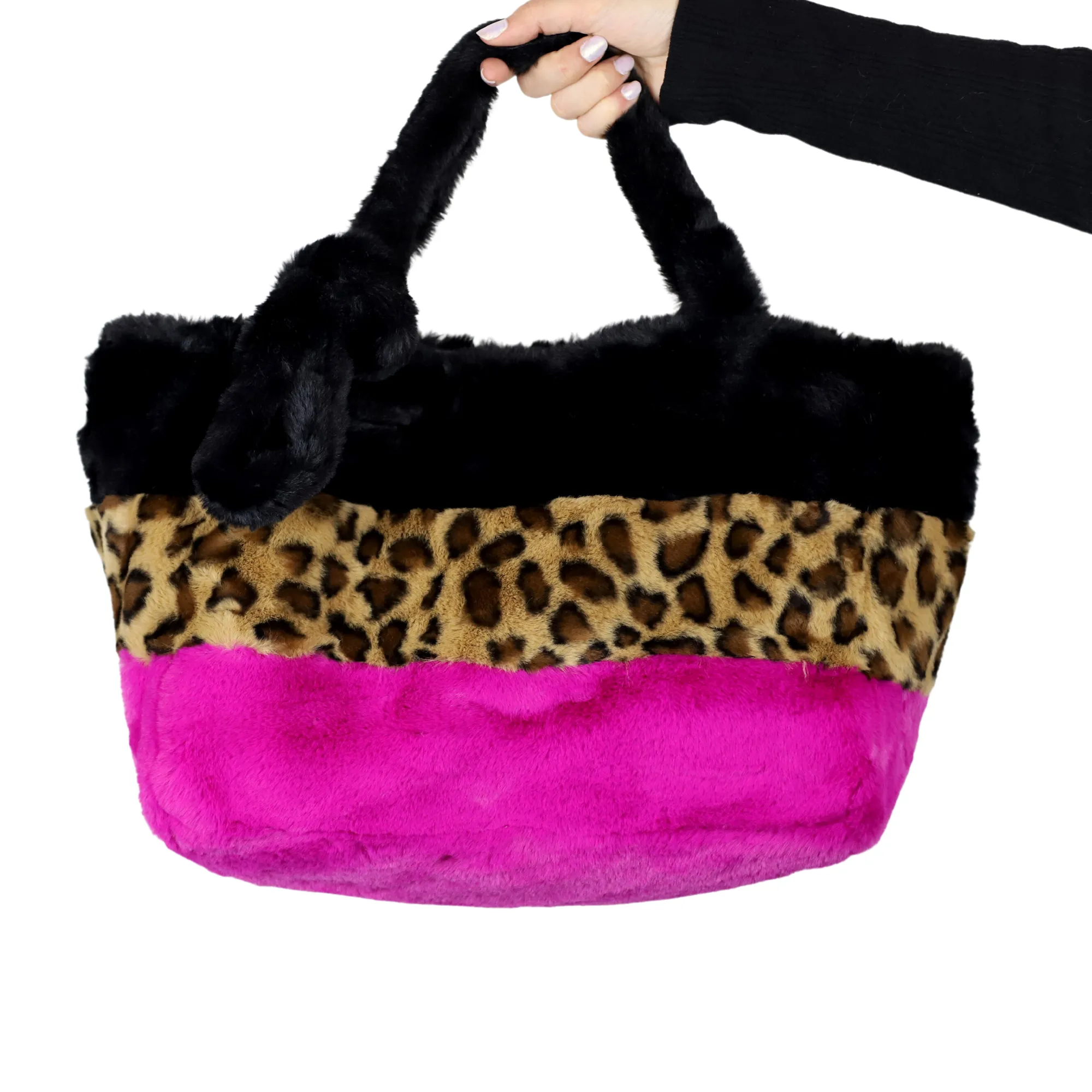 Three-Tone Faux Fur Tote - Exquisite Black, Vibrant Fuchsia, and Wild Leopard