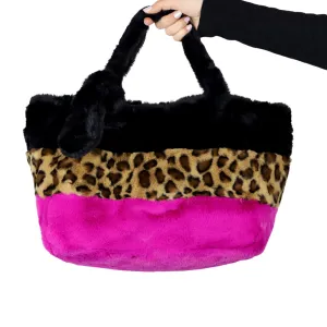 Three-Tone Faux Fur Tote - Exquisite Black, Vibrant Fuchsia, and Wild Leopard
