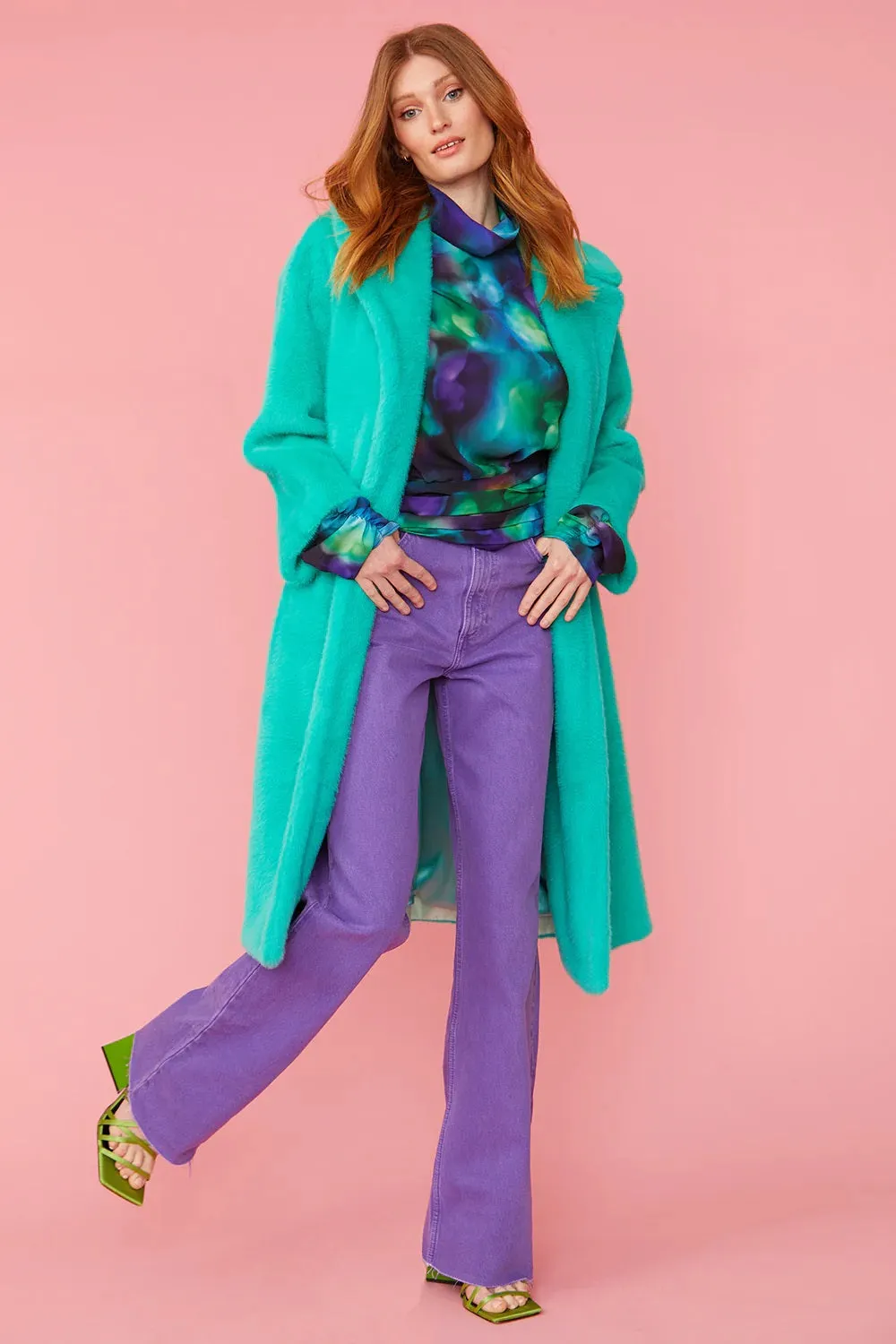 Turquoise Duchess Faux Fur Midi Coat
