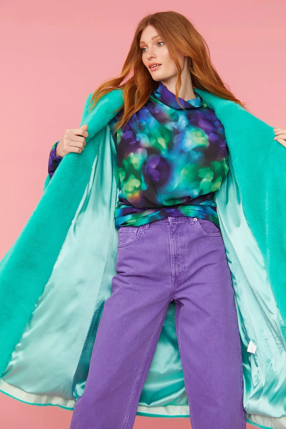 Turquoise Duchess Faux Fur Midi Coat