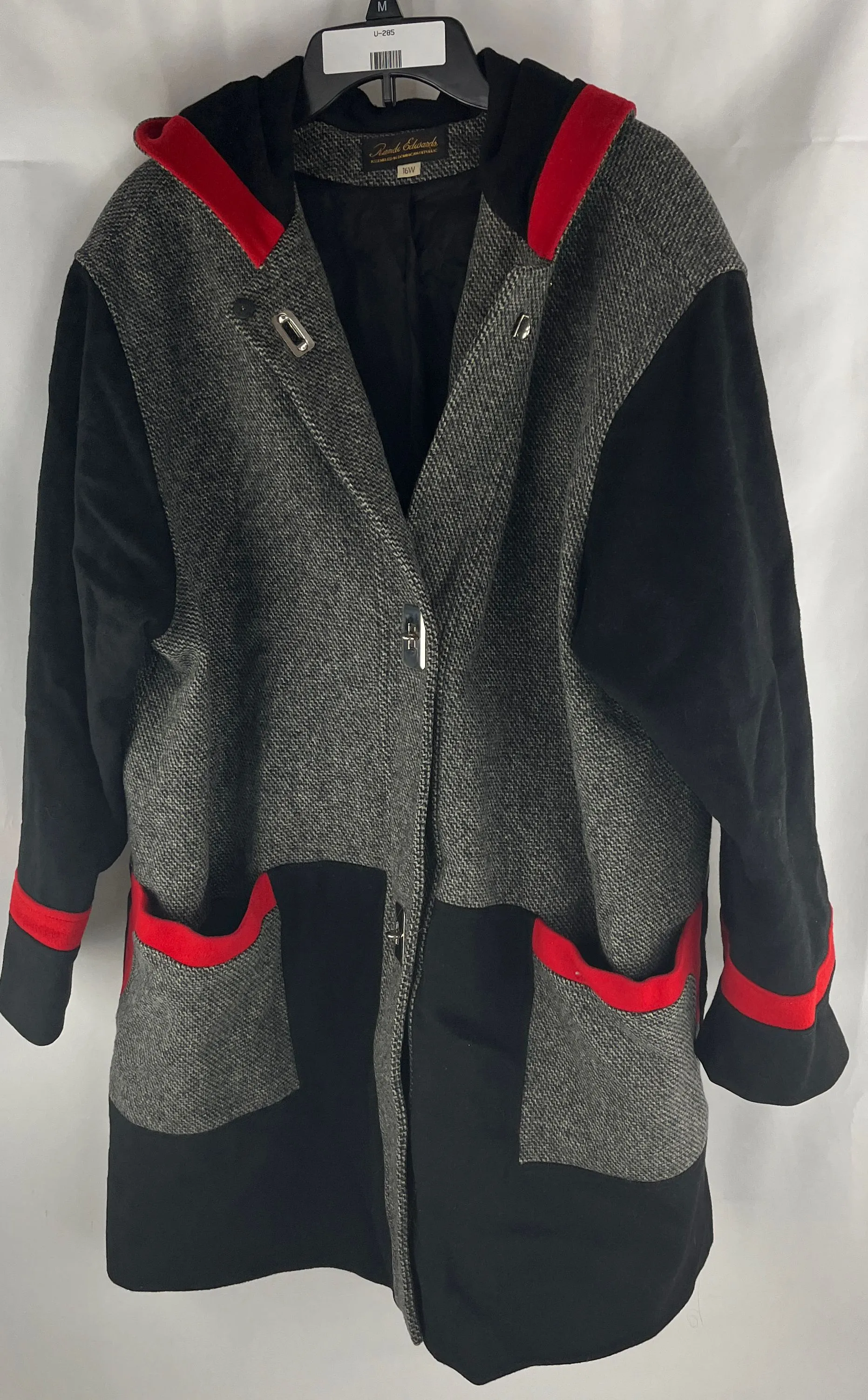 Vintage Randi Edwards Women's Gray Wool Overcoat Black Sleeves Hood Size 16W