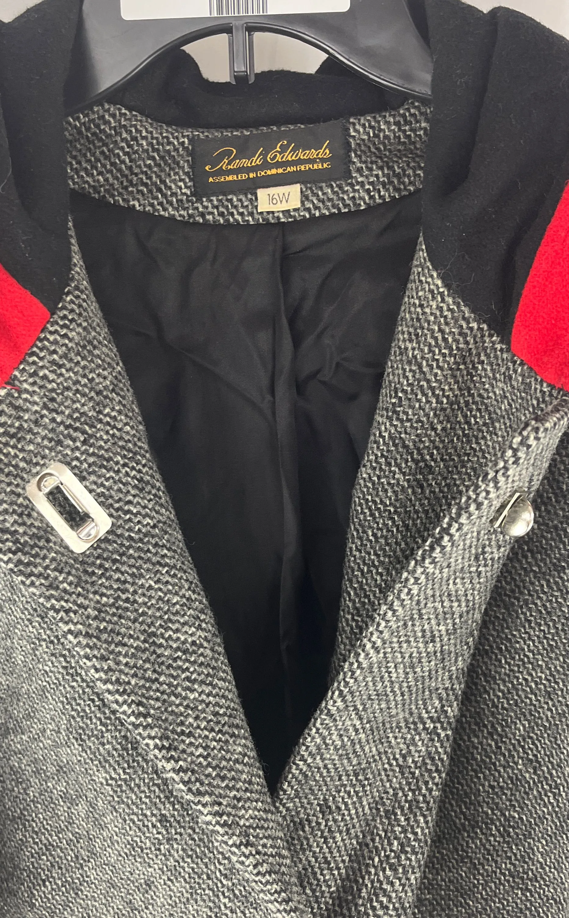 Vintage Randi Edwards Women's Gray Wool Overcoat Black Sleeves Hood Size 16W