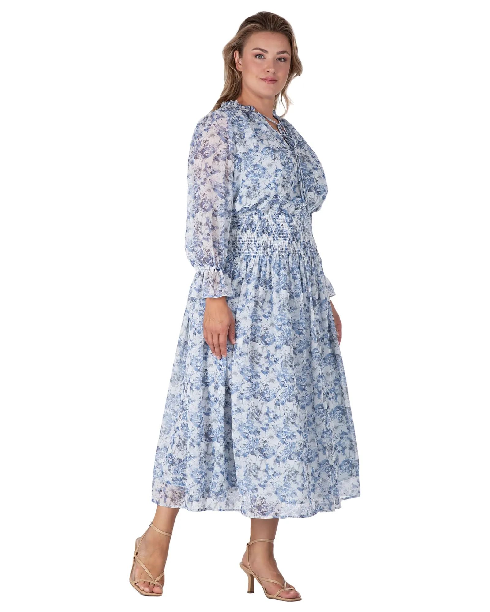 Women's Floral Print Long Ruffle Sleeve Maxi Dress | Blue White Print