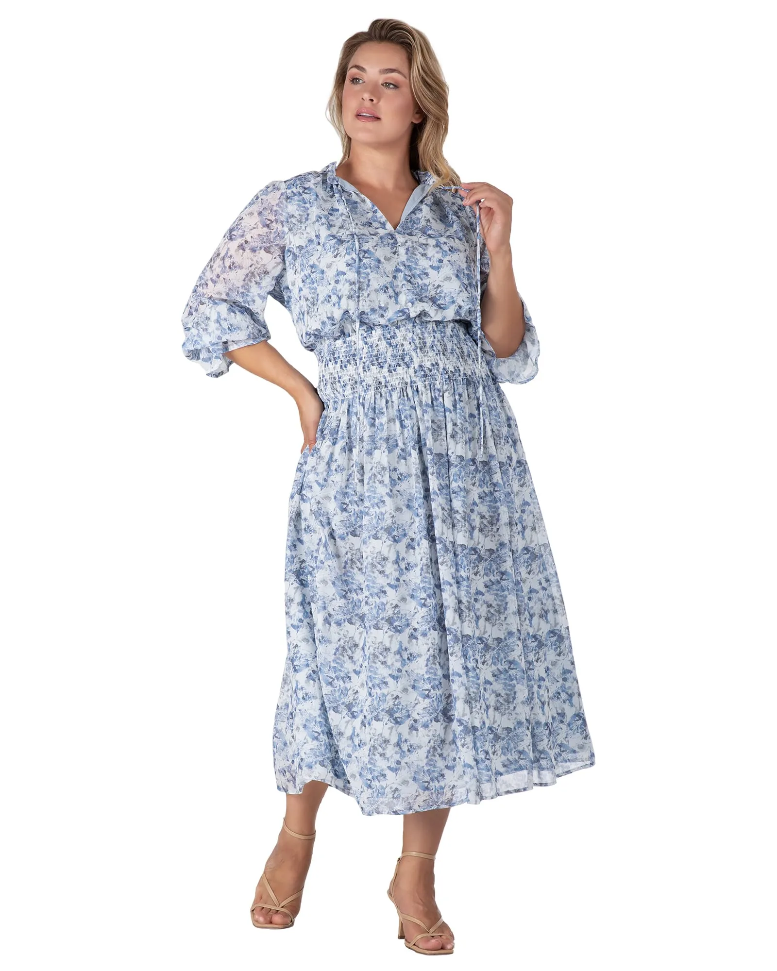 Women's Floral Print Long Ruffle Sleeve Maxi Dress | Blue White Print